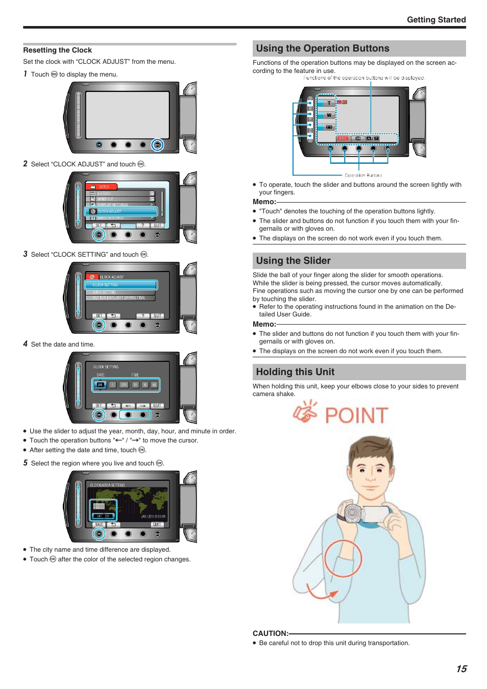 Resetting the clock, Using the operation buttons, Using the slider | Holding this unit, Resetting the clock" （a p.15, Getting started | JVC Everio GZ-HM340 User Manual | Page 15 / 122