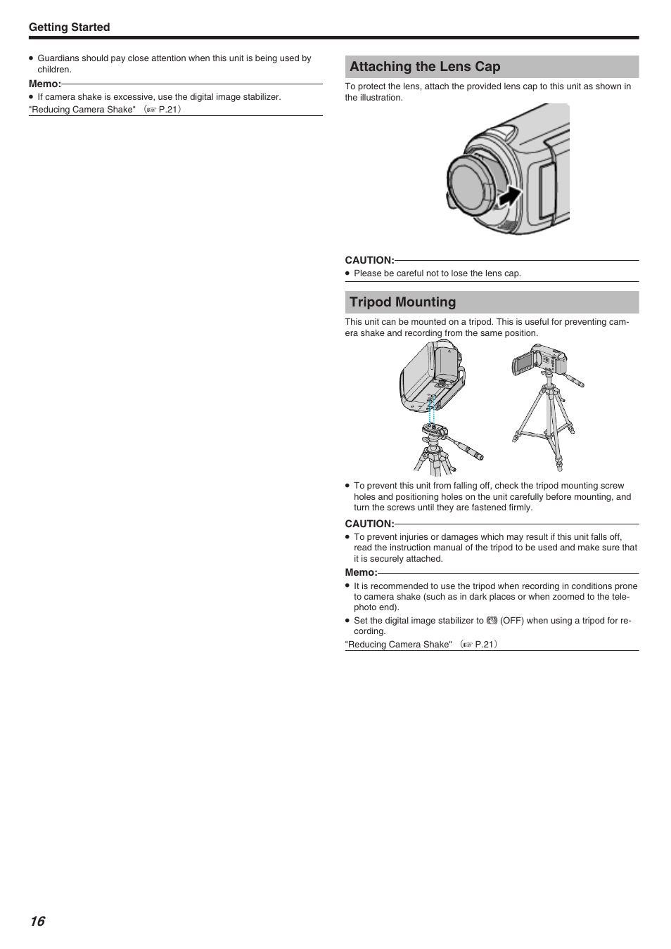 Attaching the lens cap, Tripod mounting, Attaching the lens cap tripod mounting | Getting started | JVC Everio GZ-HM340 User Manual | Page 16 / 122