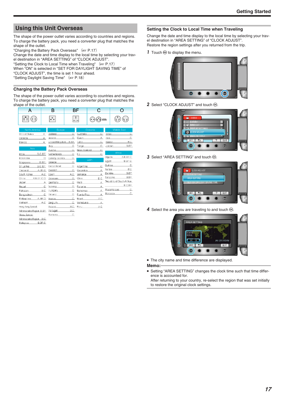 Using this unit overseas, Charging the battery pack overseas, Setting the clock to local time when traveling | JVC Everio GZ-HM340 User Manual | Page 17 / 122