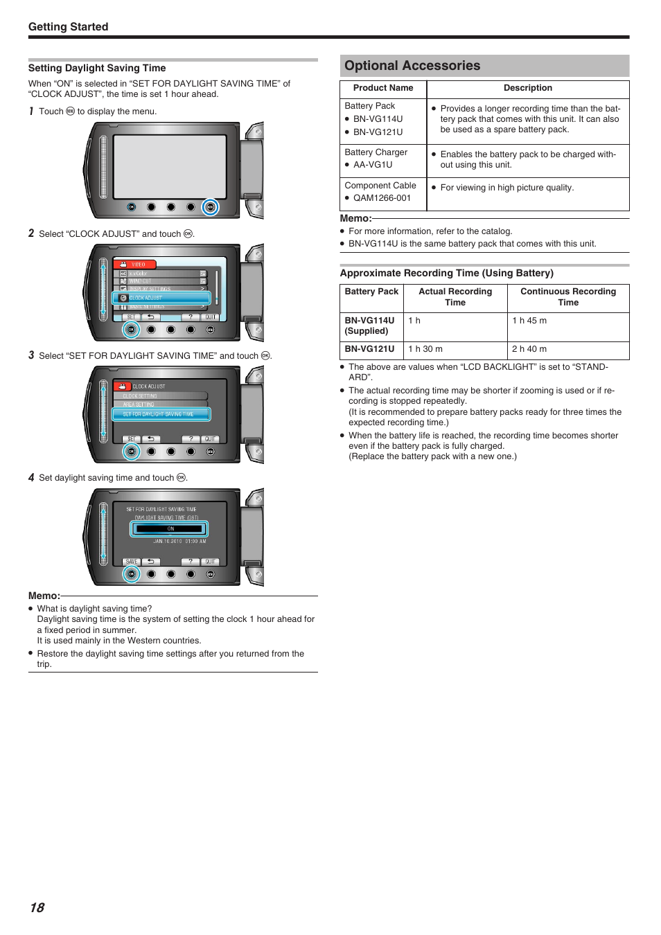 Setting daylight saving time, Optional accessories, Getting started | JVC Everio GZ-HM340 User Manual | Page 18 / 122
