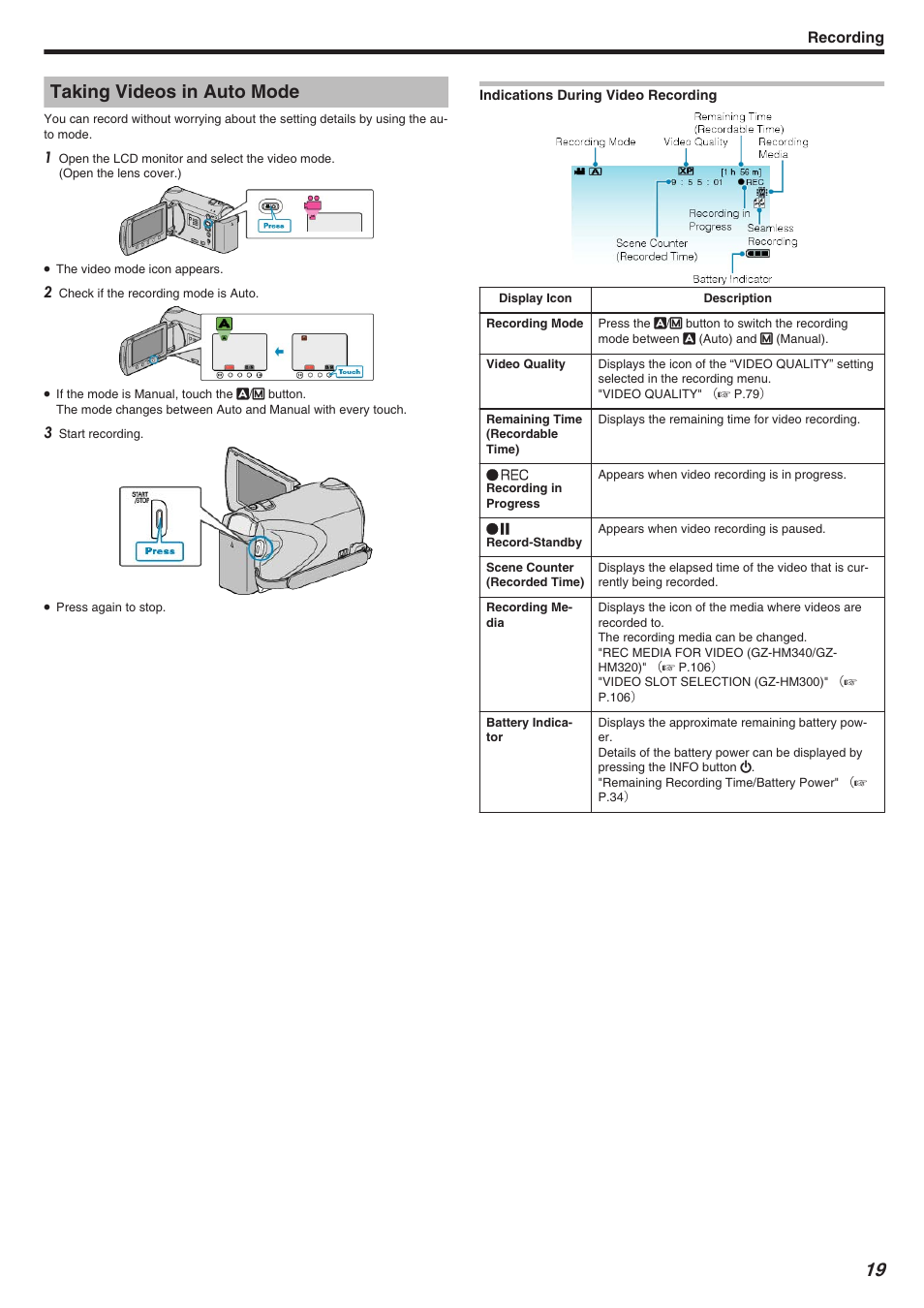 Recording, Taking videos in auto mode | JVC Everio GZ-HM340 User Manual | Page 19 / 122