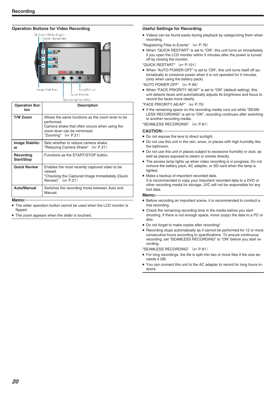 Recording | JVC Everio GZ-HM340 User Manual | Page 20 / 122