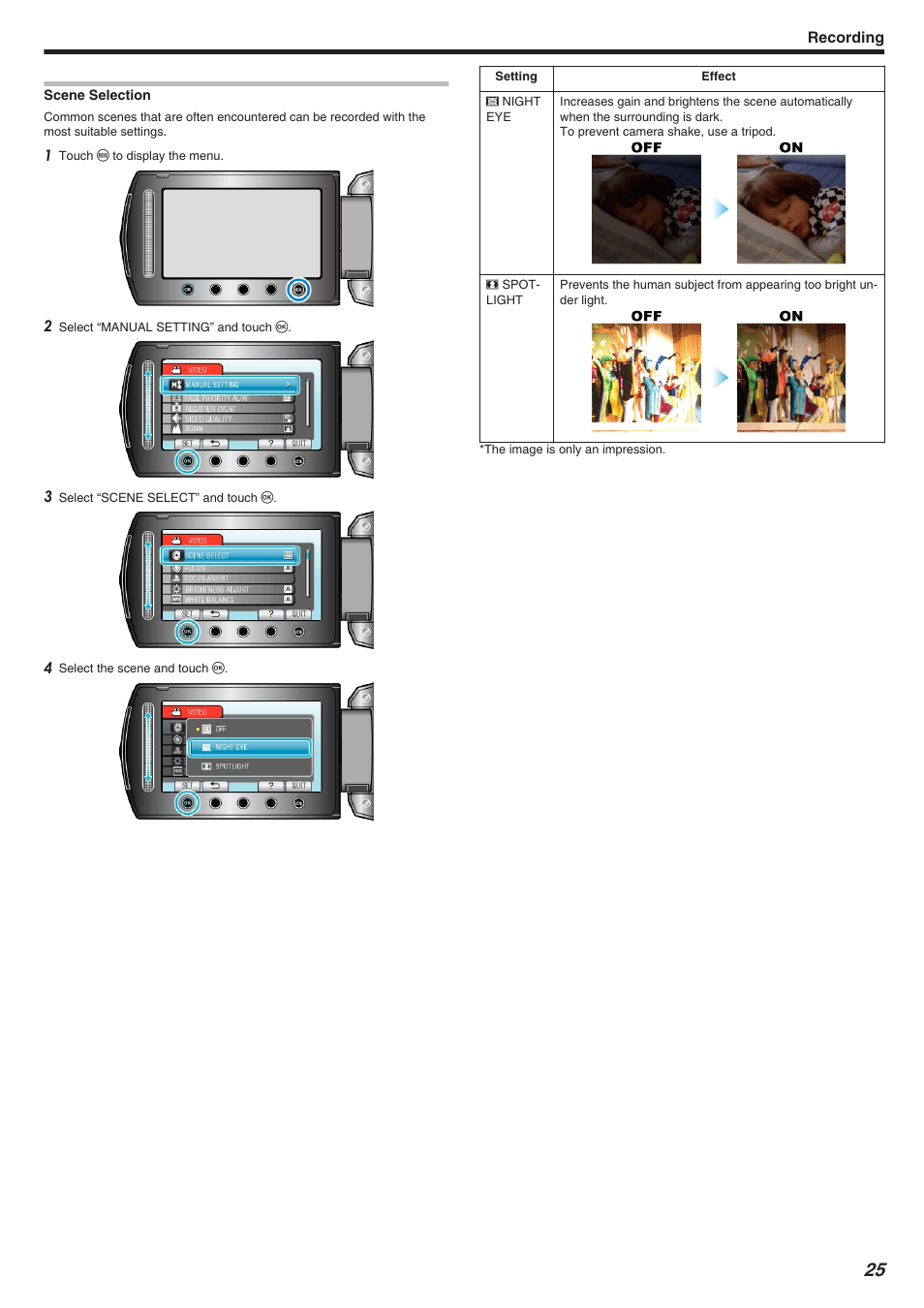 Scene selection, Scene selection" （a p.25 | JVC Everio GZ-HM340 User Manual | Page 25 / 122