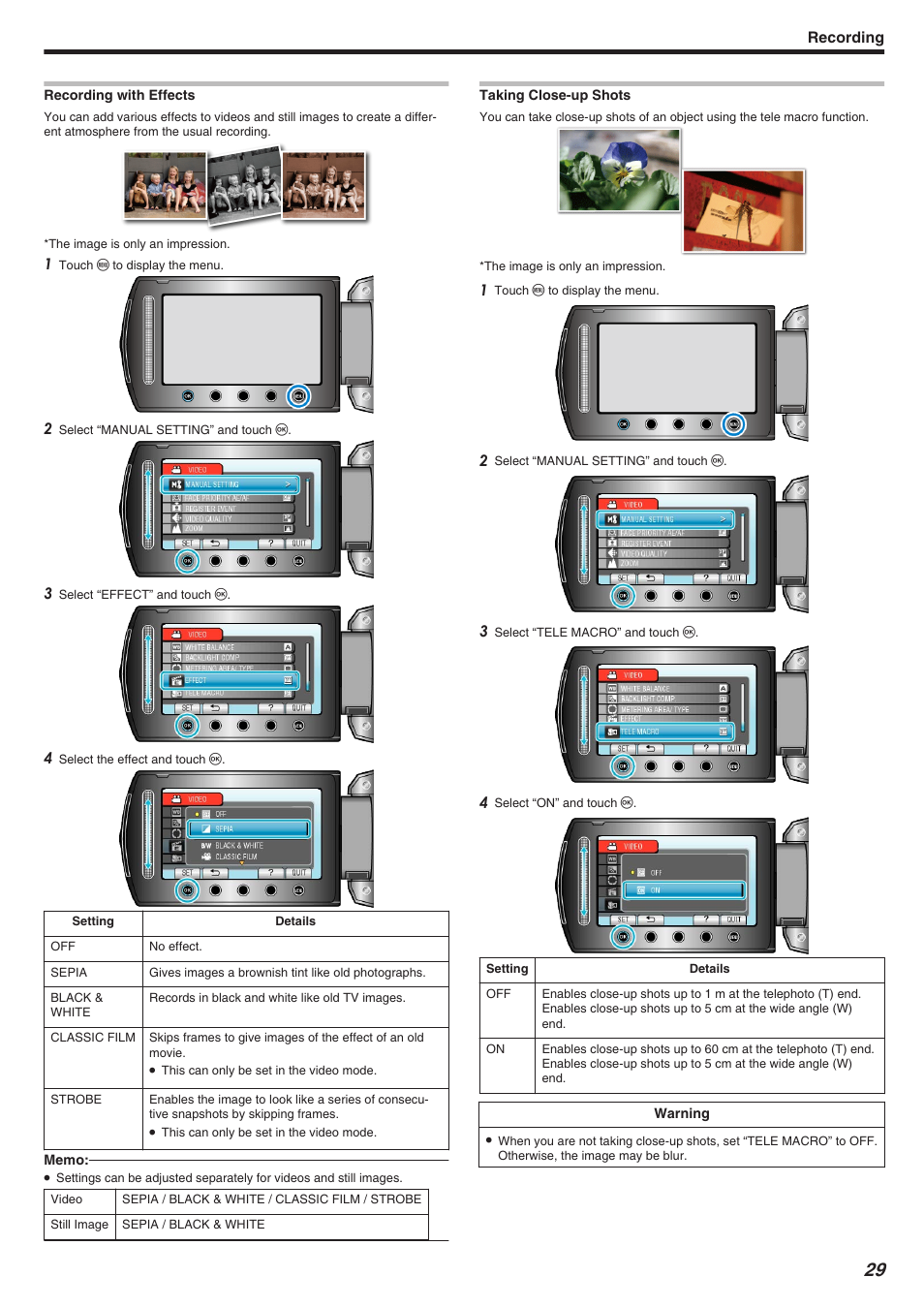 Recording with effects, Taking close-up shots, Recording with effects taking close-up shots | Recording with effects" （a p.29, Taking close-up shots" （a p.29 | JVC Everio GZ-HM340 User Manual | Page 29 / 122