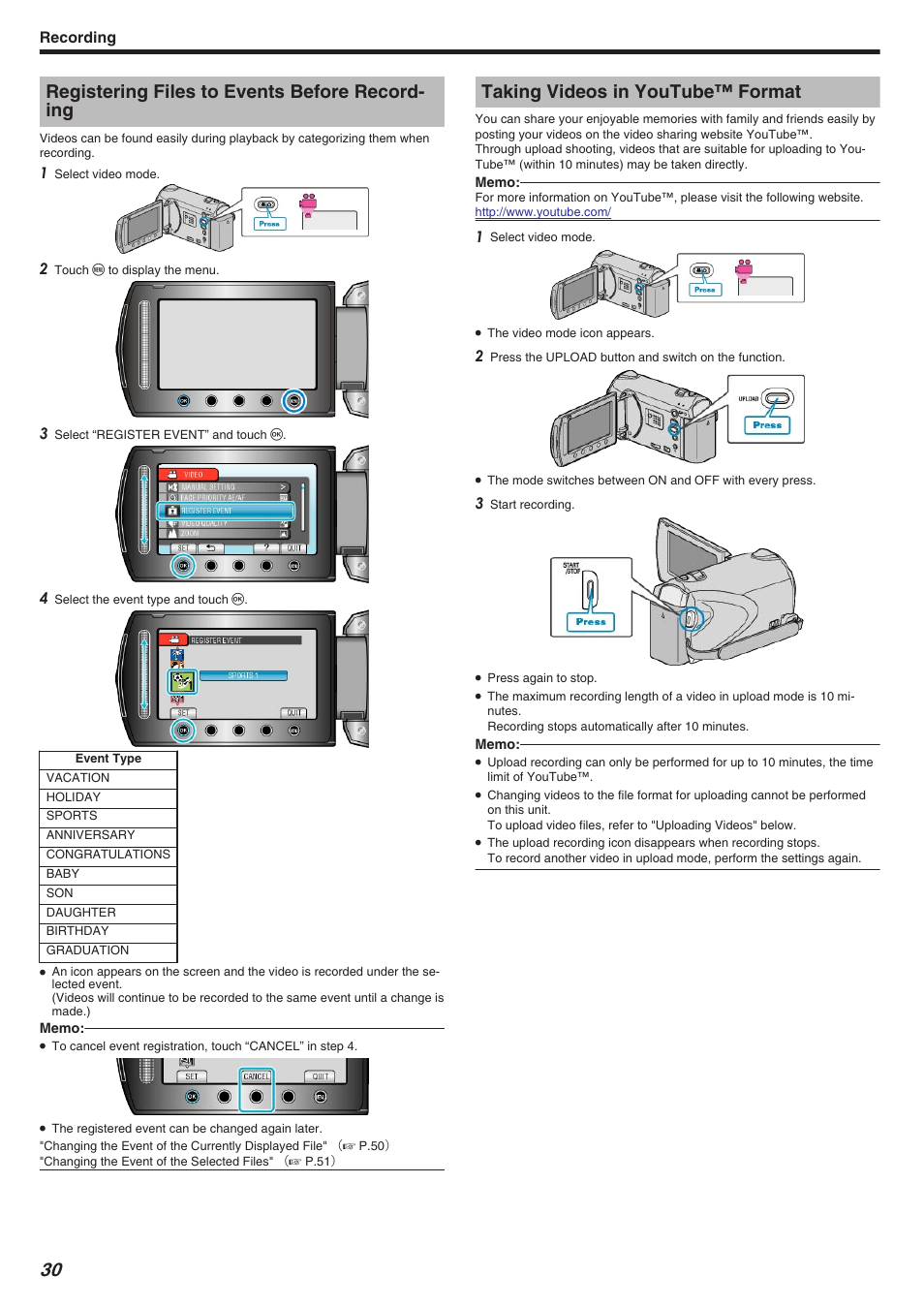 Registering files to events before recording, Taking videos in youtube™ format, Registering files to events before record- ing | Recording | JVC Everio GZ-HM340 User Manual | Page 30 / 122