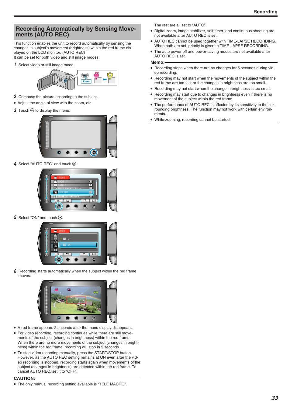 Recording | JVC Everio GZ-HM340 User Manual | Page 33 / 122