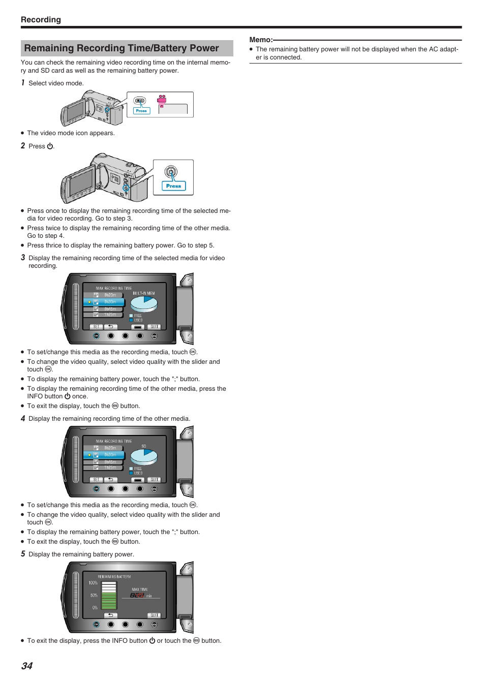 Remaining recording time/battery power, Remaining recording time/battery power" （a p.34, Recording | JVC Everio GZ-HM340 User Manual | Page 34 / 122