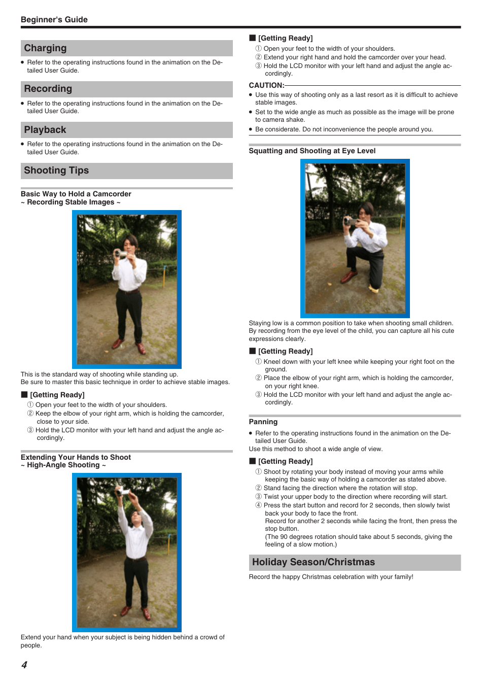 Beginner's guide, Charging, Recording | Playback, Shooting tips, Holiday season/christmas, Charging recording playback shooting tips | JVC Everio GZ-HM340 User Manual | Page 4 / 122