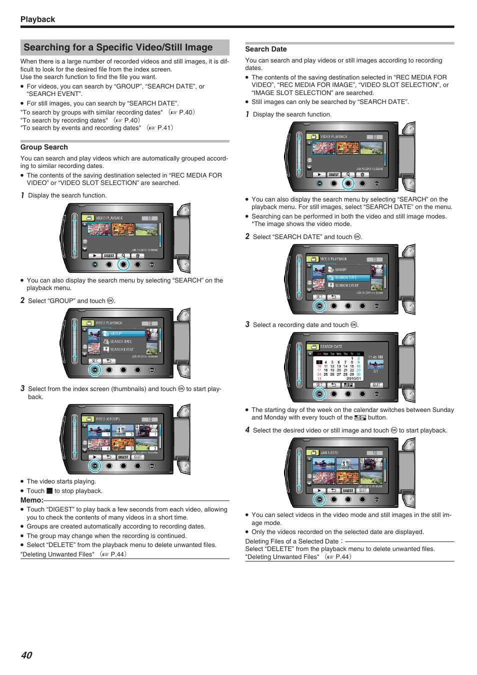 Searching for a specific video/still image, Group search, Search date | Group search search date, Search date" （a p.40, Playback | JVC Everio GZ-HM340 User Manual | Page 40 / 122