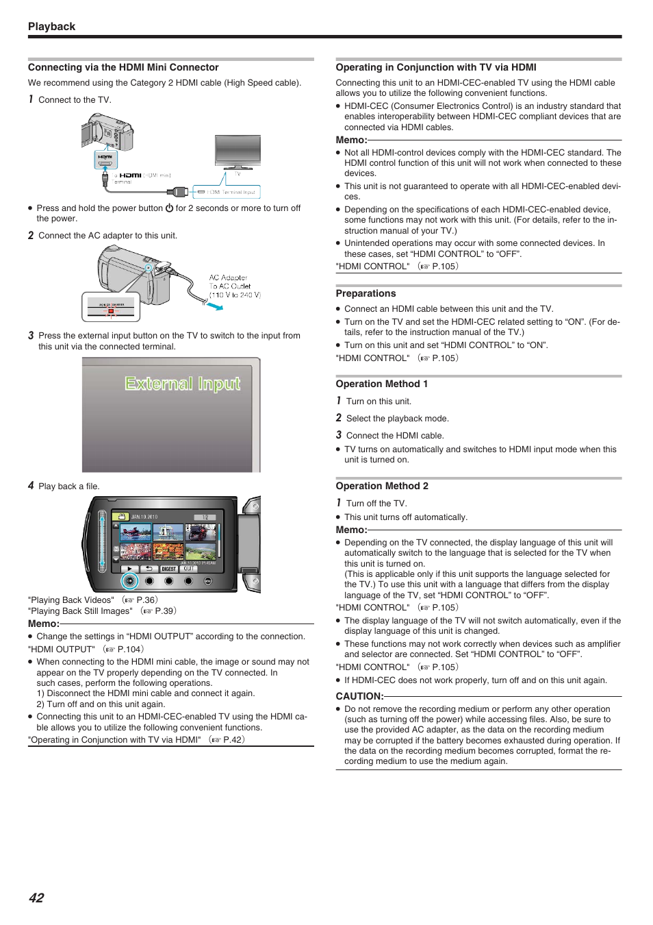 Connecting via the hdmi mini connector, Connecting via the hdmi mini connector" （a p.42, Playback | JVC Everio GZ-HM340 User Manual | Page 42 / 122