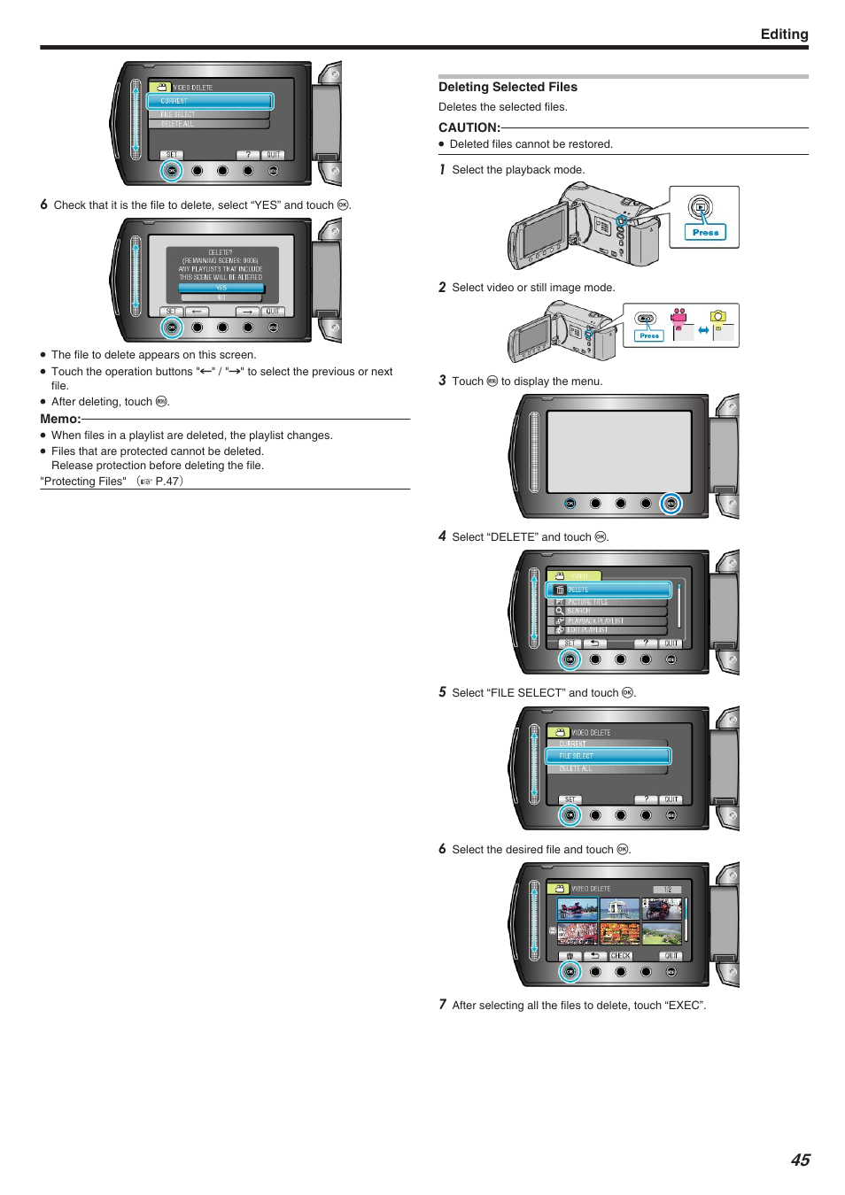 Editing, Deleting selected files, Deleting selected files" （a p.45 | JVC Everio GZ-HM340 User Manual | Page 45 / 122