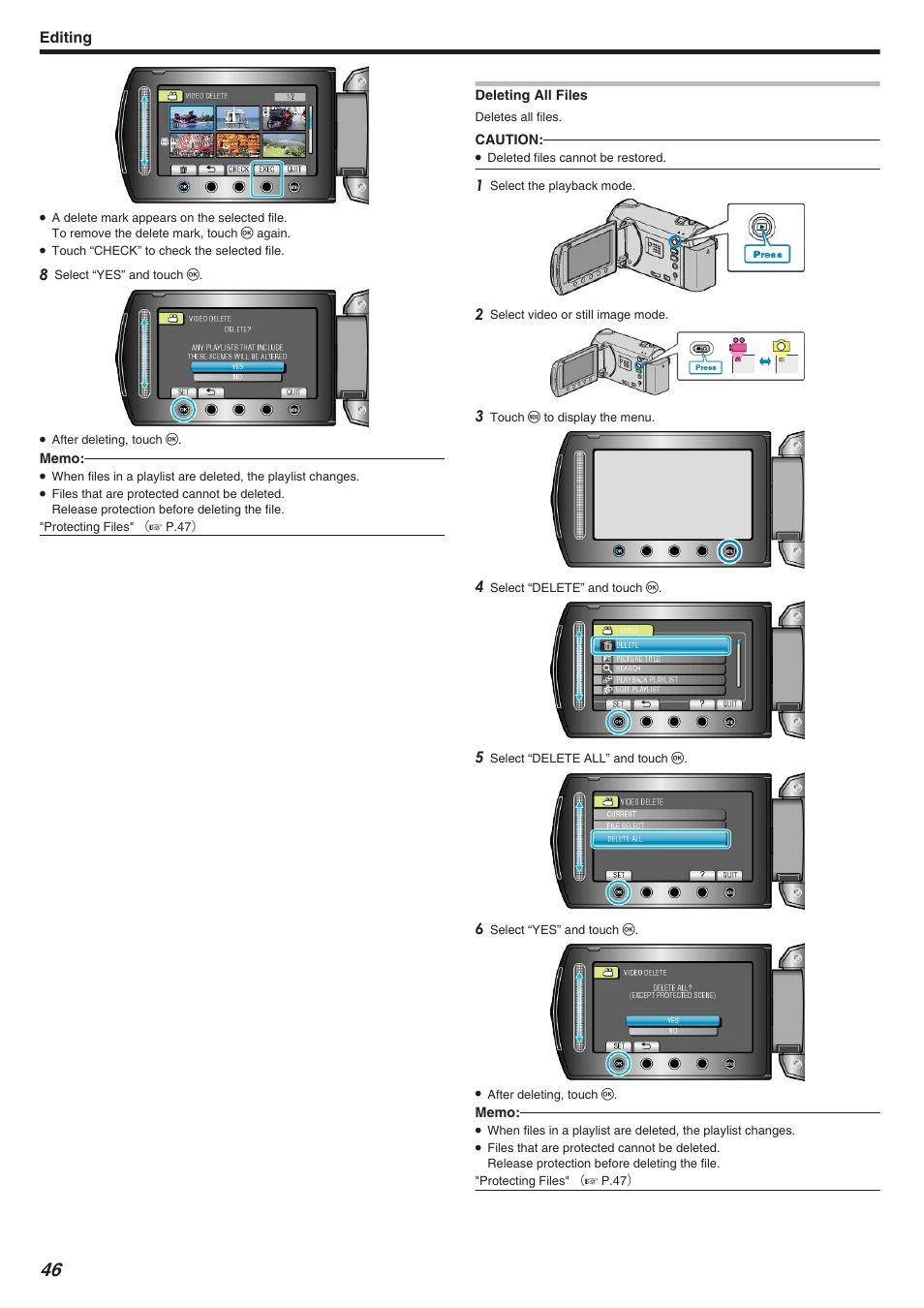 Deleting all files, Deleting all files" （a p.46, Editing | JVC Everio GZ-HM340 User Manual | Page 46 / 122
