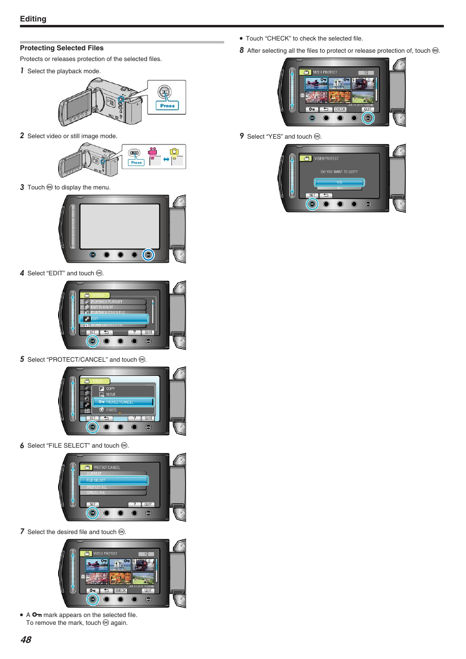Protecting selected files | JVC Everio GZ-HM340 User Manual | Page 48 / 122