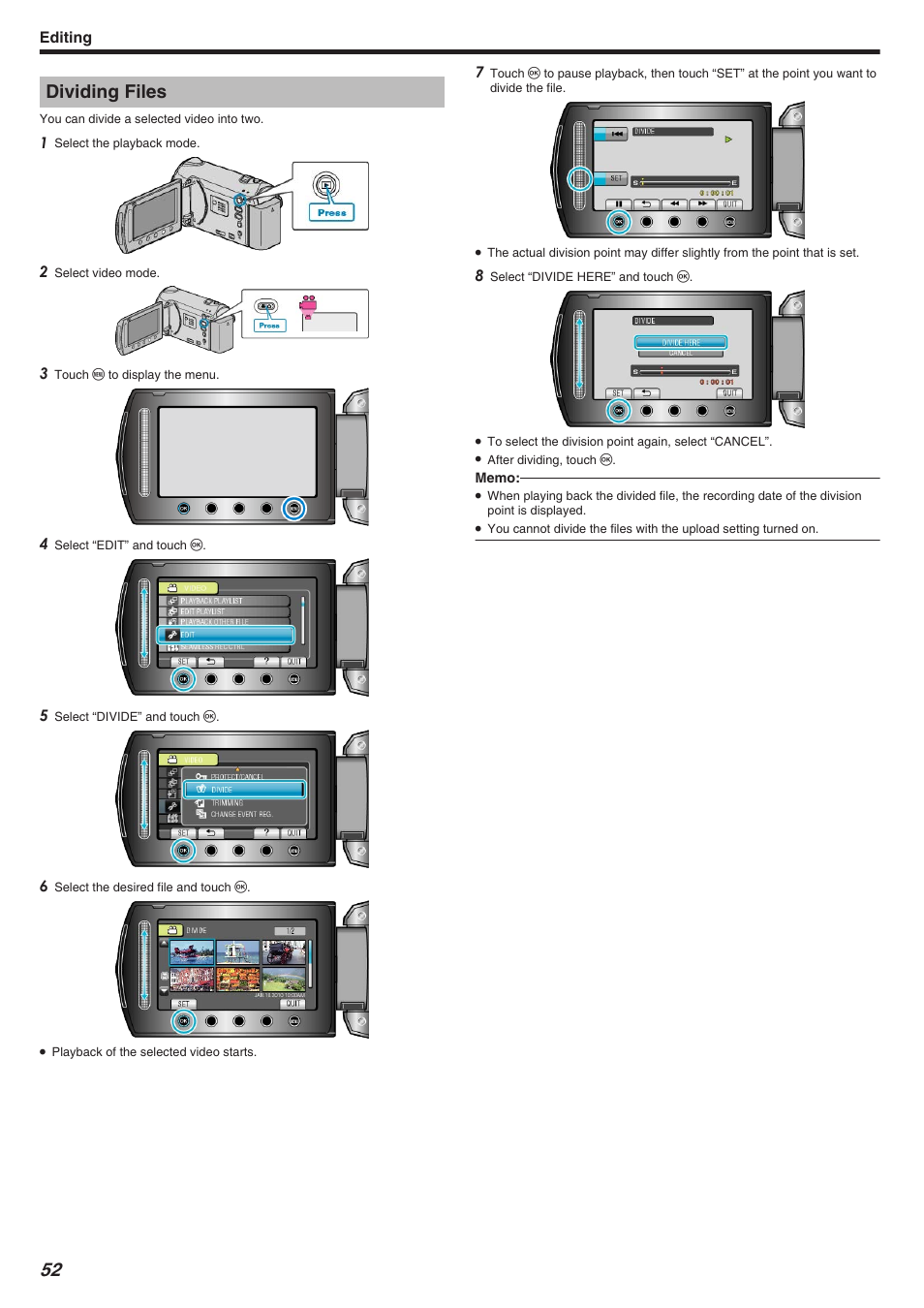 Dividing files | JVC Everio GZ-HM340 User Manual | Page 52 / 122