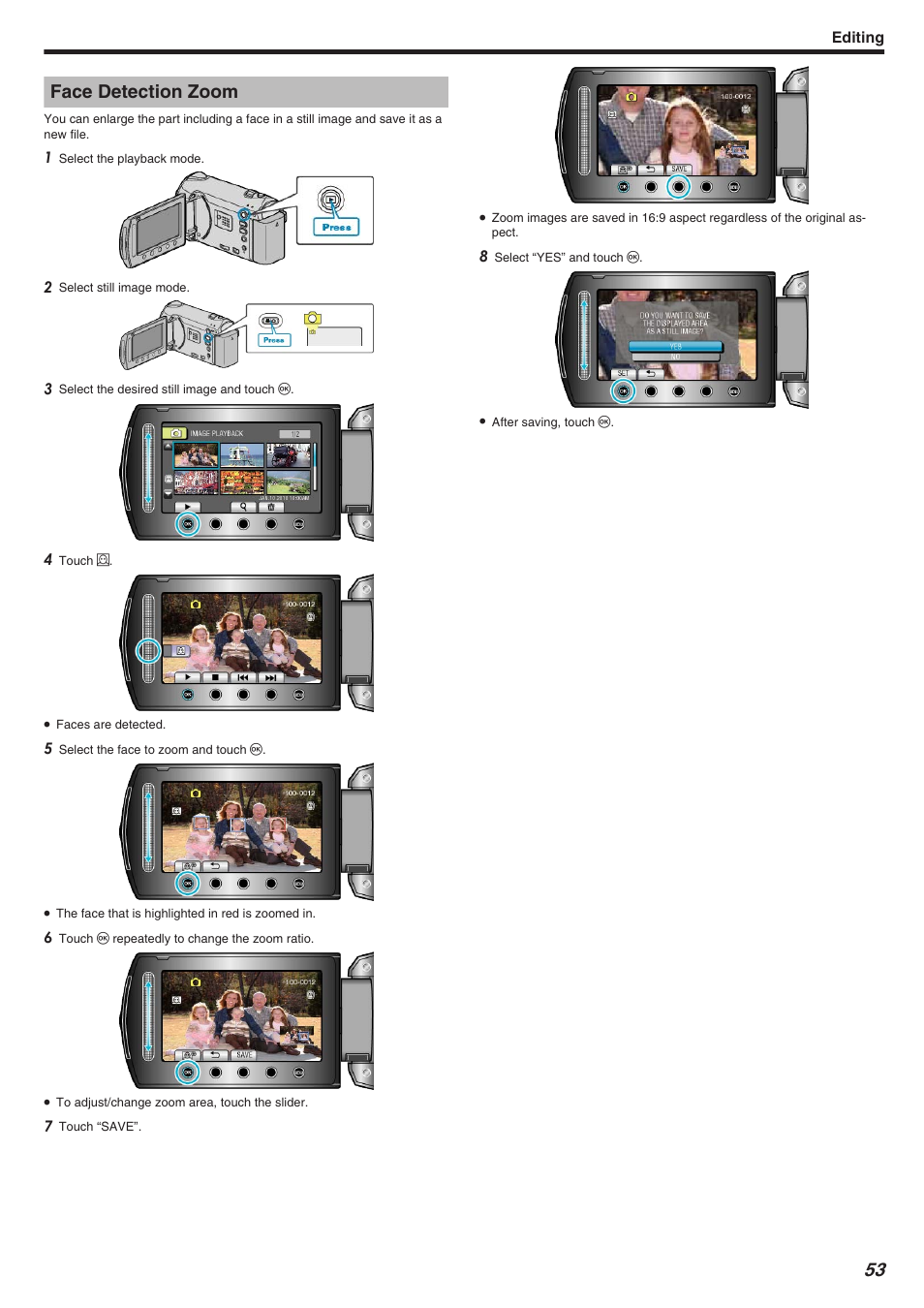 Face detection zoom, Face detection zoom" （a p.53 | JVC Everio GZ-HM340 User Manual | Page 53 / 122