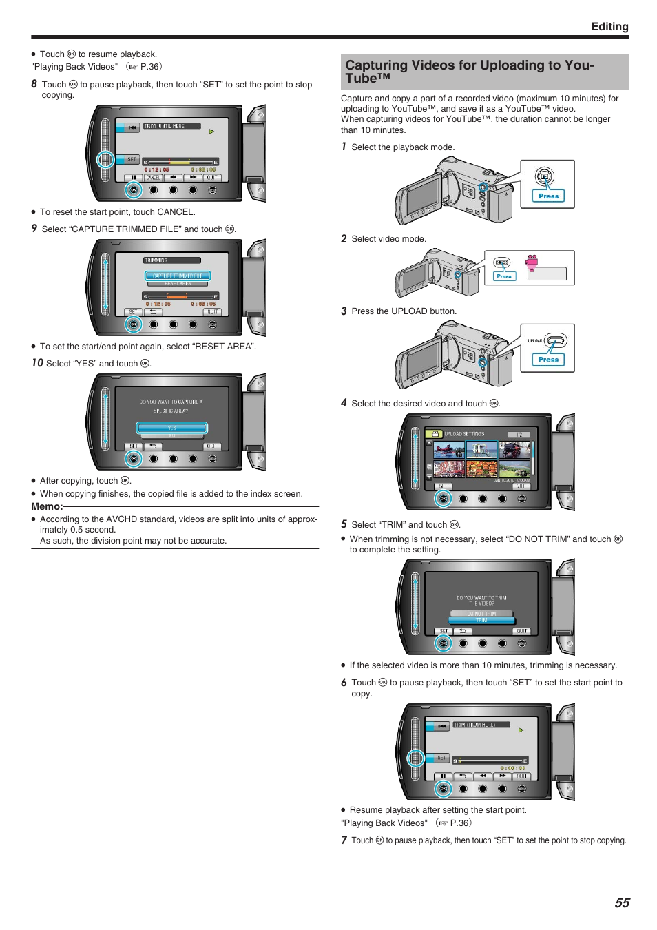 Capturing videos for uploading to youtube, Capturing videos for uploading to you- tube | JVC Everio GZ-HM340 User Manual | Page 55 / 122