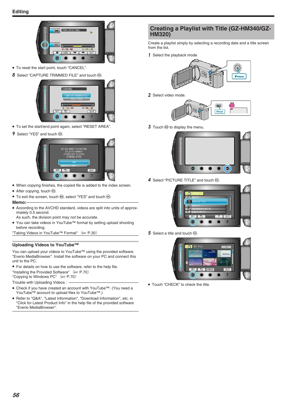 Creating a playlist with title (gz-hm340/gz-hm320), Editing | JVC Everio GZ-HM340 User Manual | Page 56 / 122