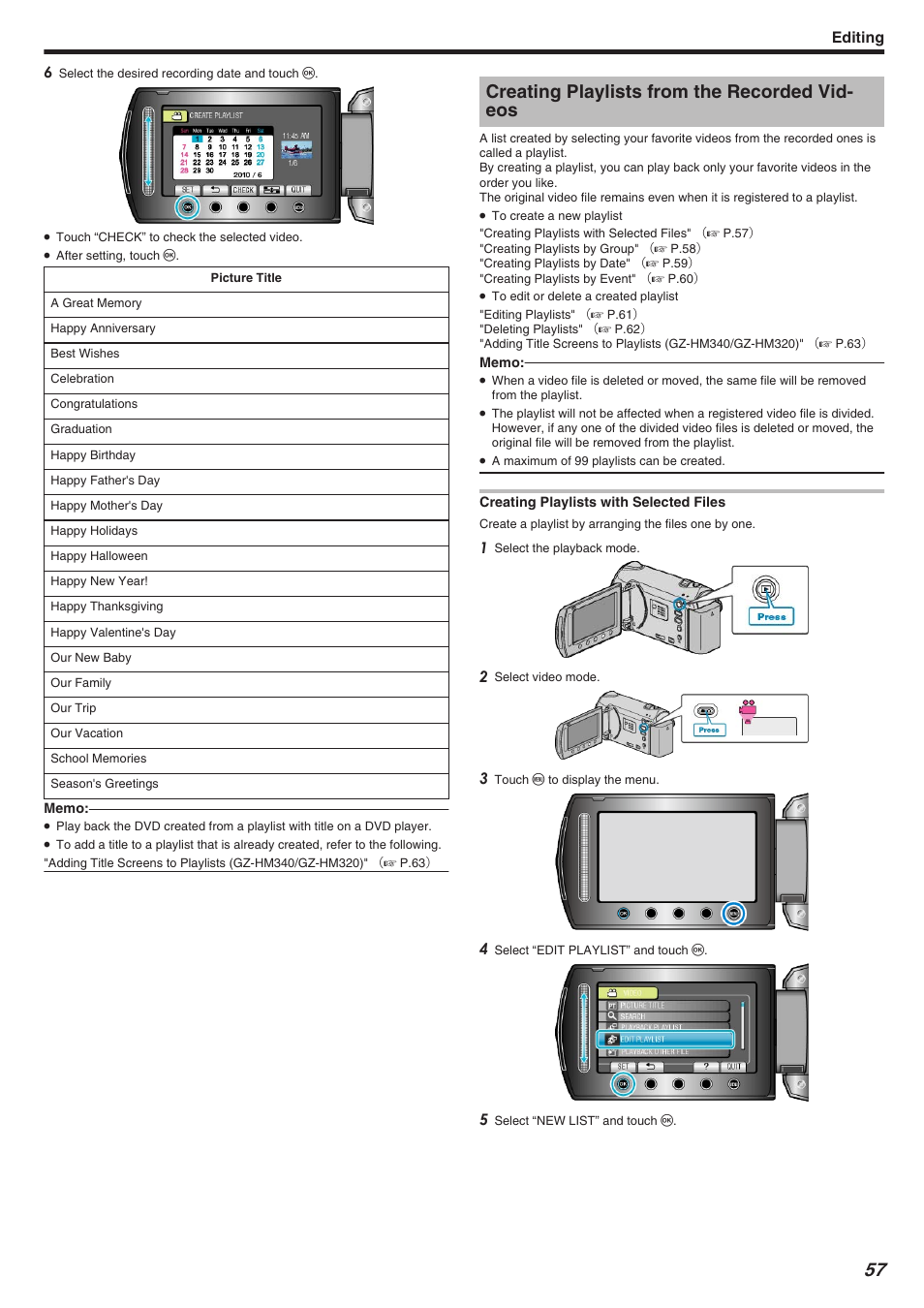 Creating playlists from the recorded videos, Creating playlists with selected files, Creating playlists from the recorded vid- eos | Editing | JVC Everio GZ-HM340 User Manual | Page 57 / 122
