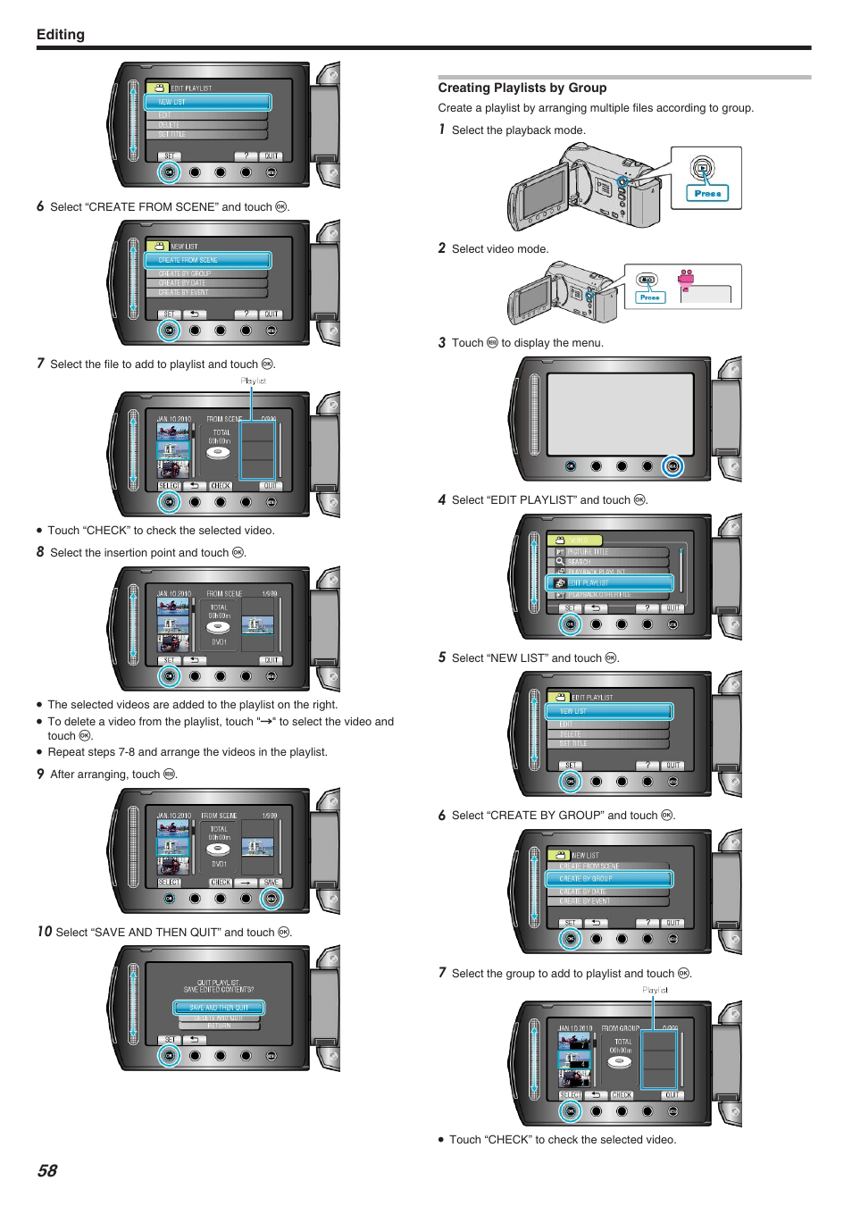 Creating playlists by group, Creating playlists by group" （a p.58 | JVC Everio GZ-HM340 User Manual | Page 58 / 122