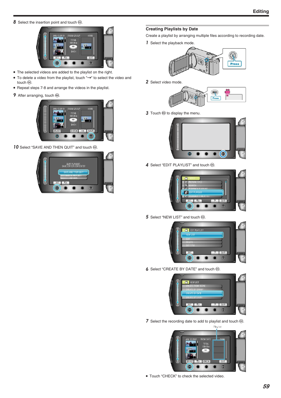 Creating playlists by date, Creating playlists by date" （a p.59 | JVC Everio GZ-HM340 User Manual | Page 59 / 122