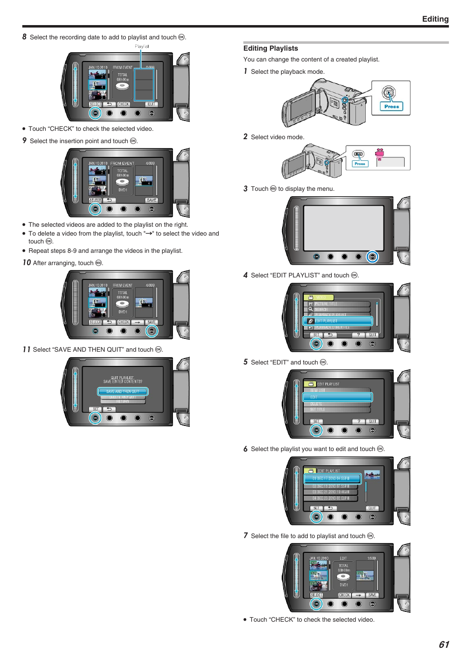 Editing playlists, Editing playlists" （a p.61 | JVC Everio GZ-HM340 User Manual | Page 61 / 122