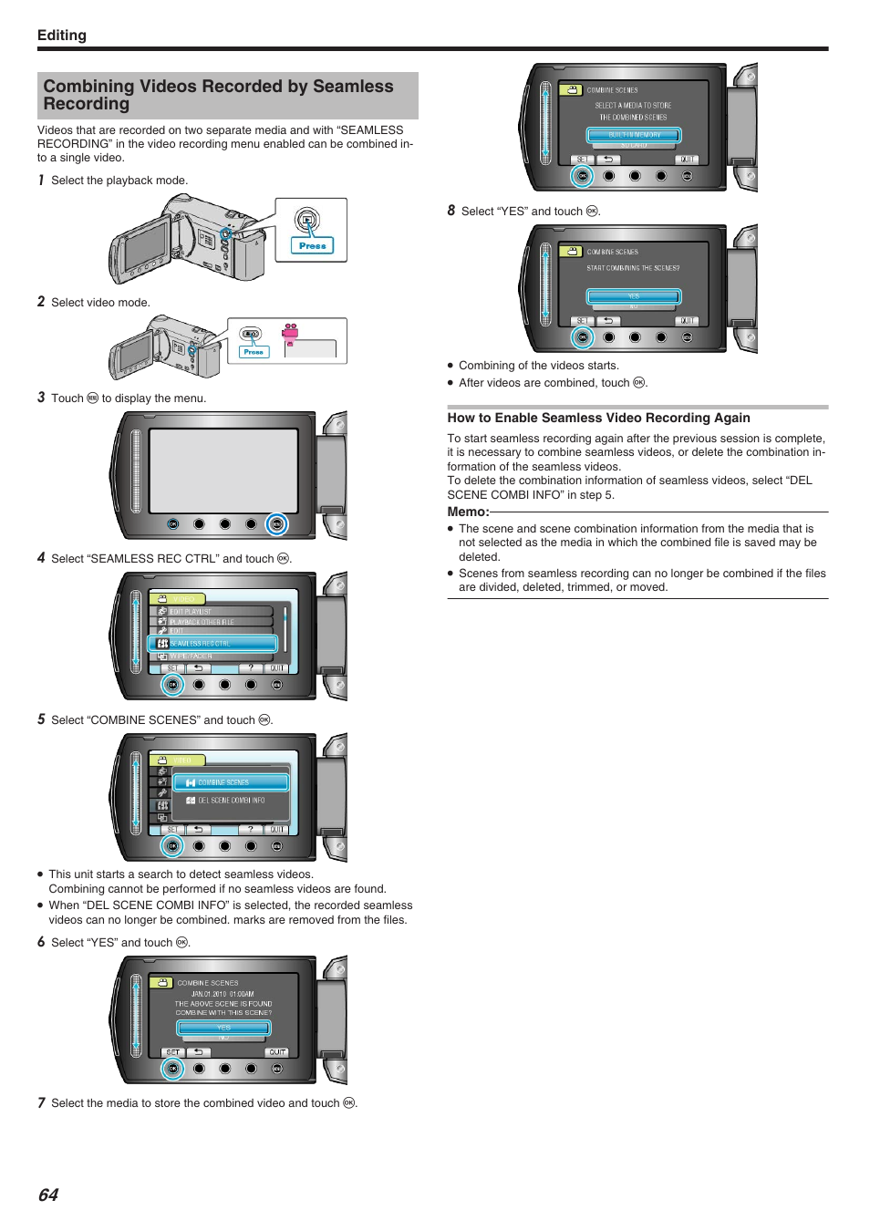 Combining videos recorded by seamless recording | JVC Everio GZ-HM340 User Manual | Page 64 / 122