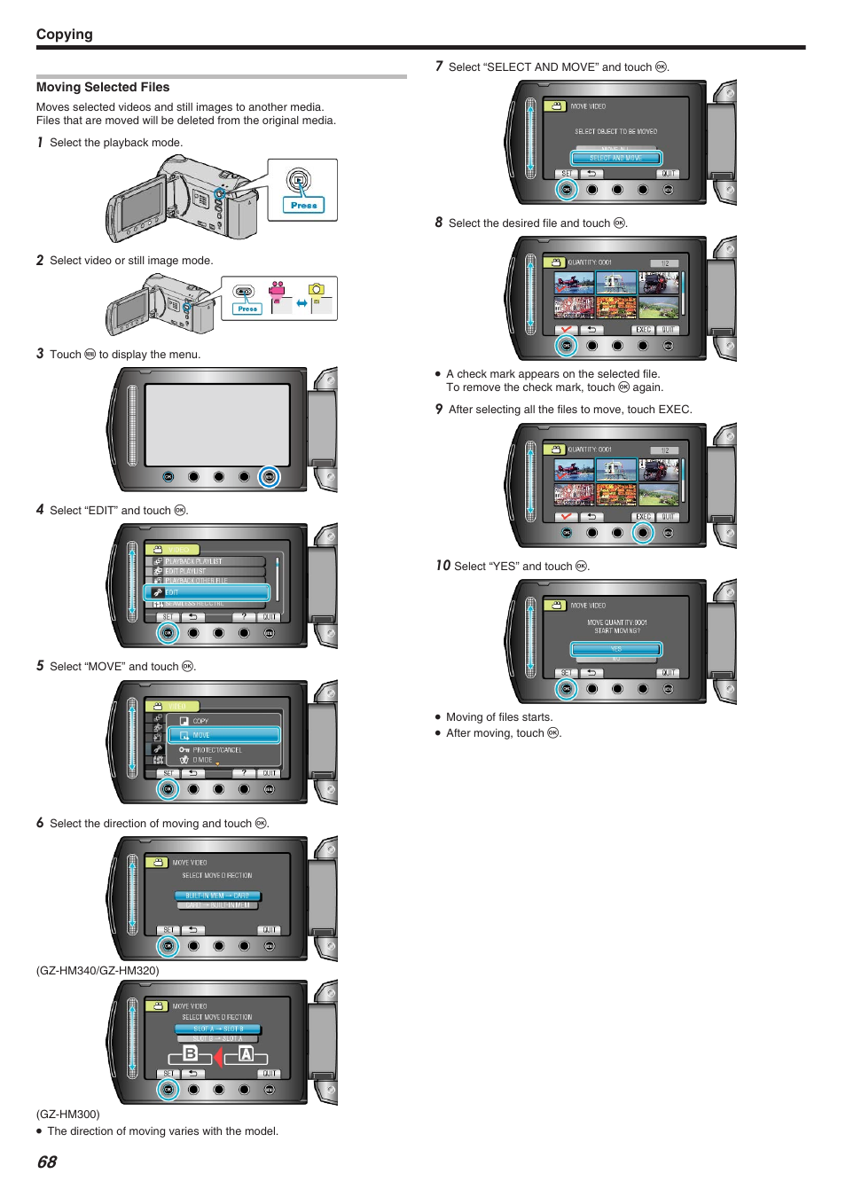 Moving selected files | JVC Everio GZ-HM340 User Manual | Page 68 / 122