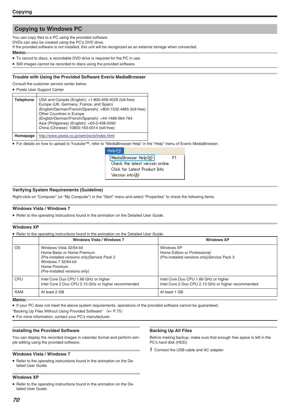 Copying to windows pc, Verifying system requirements (guideline), Installing the provided software | Backing up all files, Backing up all files" （a p.70, Copying | JVC Everio GZ-HM340 User Manual | Page 70 / 122
