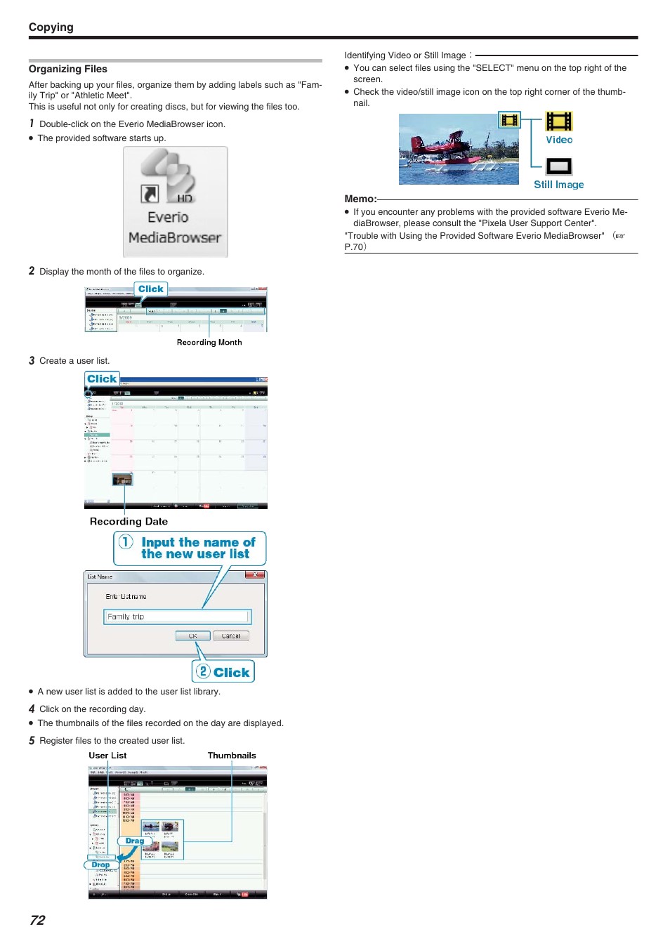 Organizing files, Copying | JVC Everio GZ-HM340 User Manual | Page 72 / 122