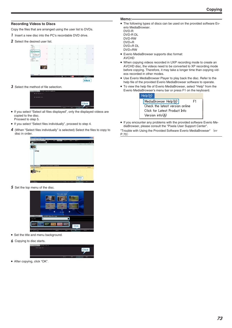 Recording videos to discs, Copying | JVC Everio GZ-HM340 User Manual | Page 73 / 122