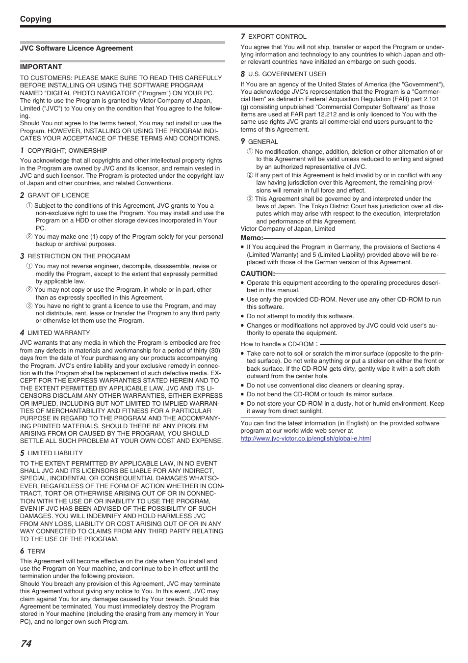 Jvc software licence agreement, Copying | JVC Everio GZ-HM340 User Manual | Page 74 / 122