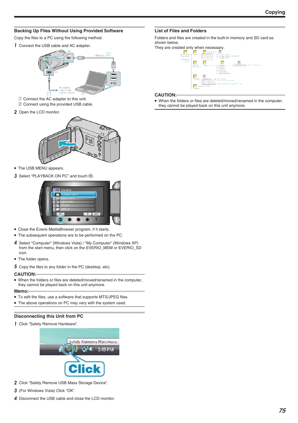 Backing up files without using provided software, List of files and folders, Copying | JVC Everio GZ-HM340 User Manual | Page 75 / 122
