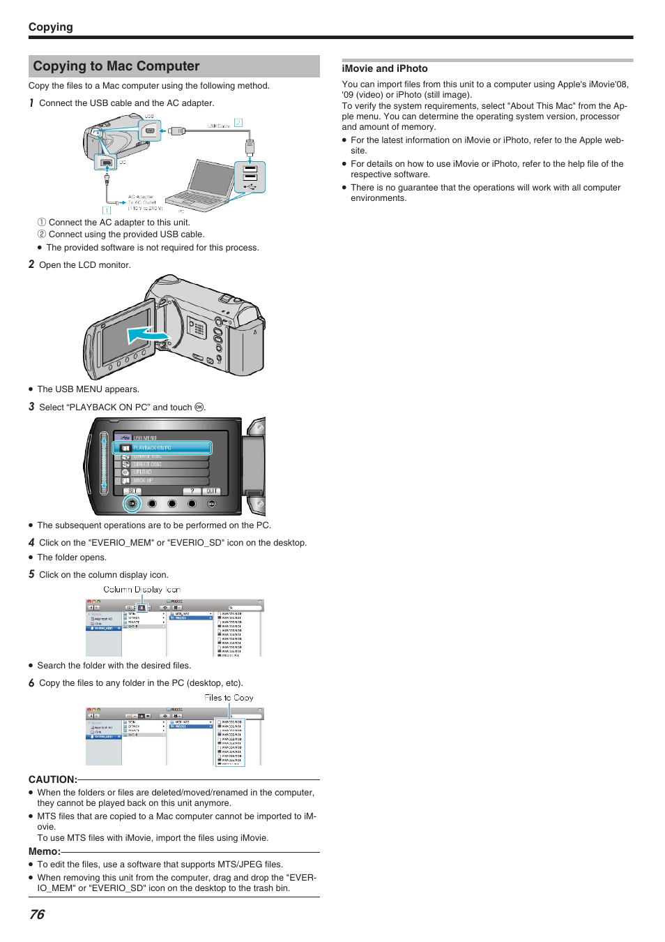 Copying to mac computer, Copying | JVC Everio GZ-HM340 User Manual | Page 76 / 122