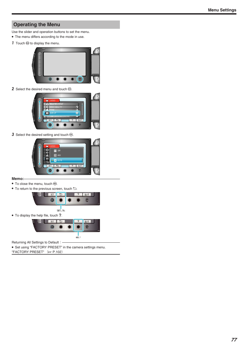 Menu settings, Operating the menu | JVC Everio GZ-HM340 User Manual | Page 77 / 122