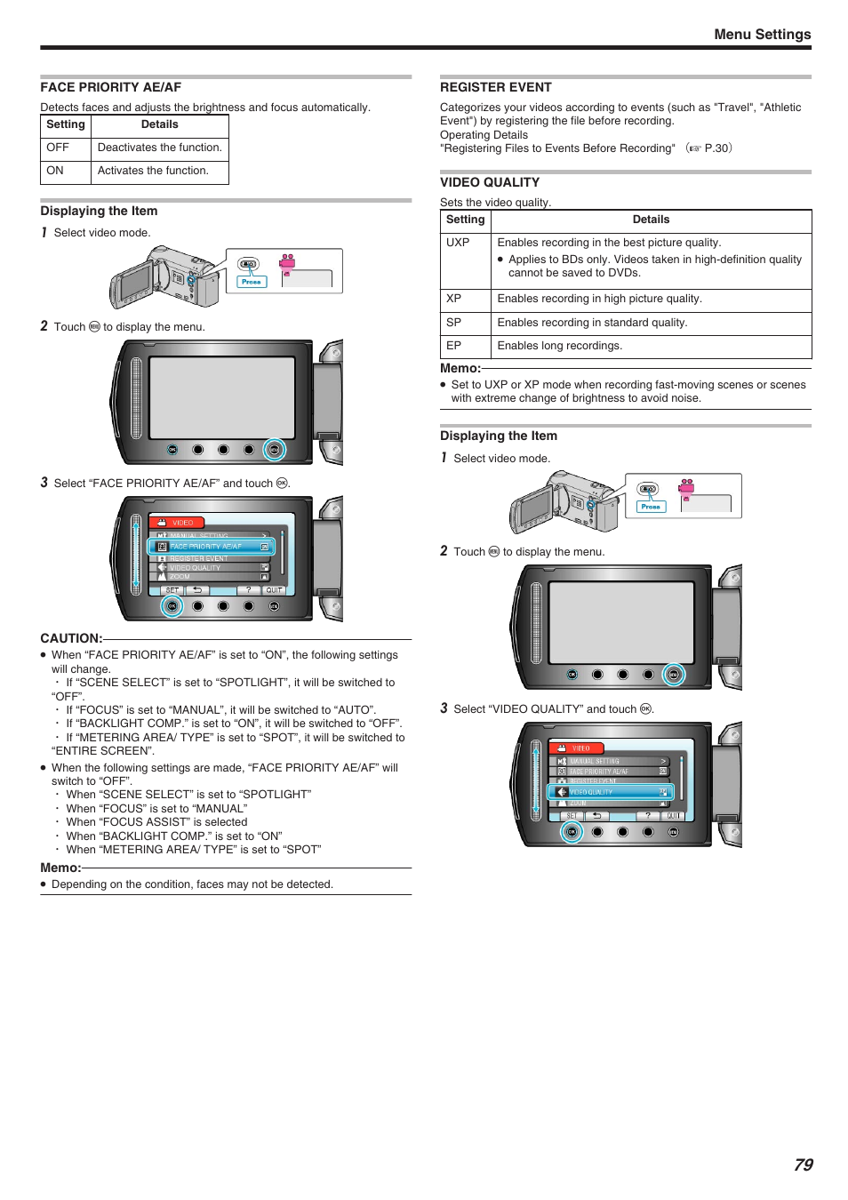 Face priority ae/af, Register event, Video quality | Face priority ae/af register event video quality, Registering files to events" （a p.79, Face priority ae/af" （a p.79, Video quality" （a p.79, Menu settings | JVC Everio GZ-HM340 User Manual | Page 79 / 122