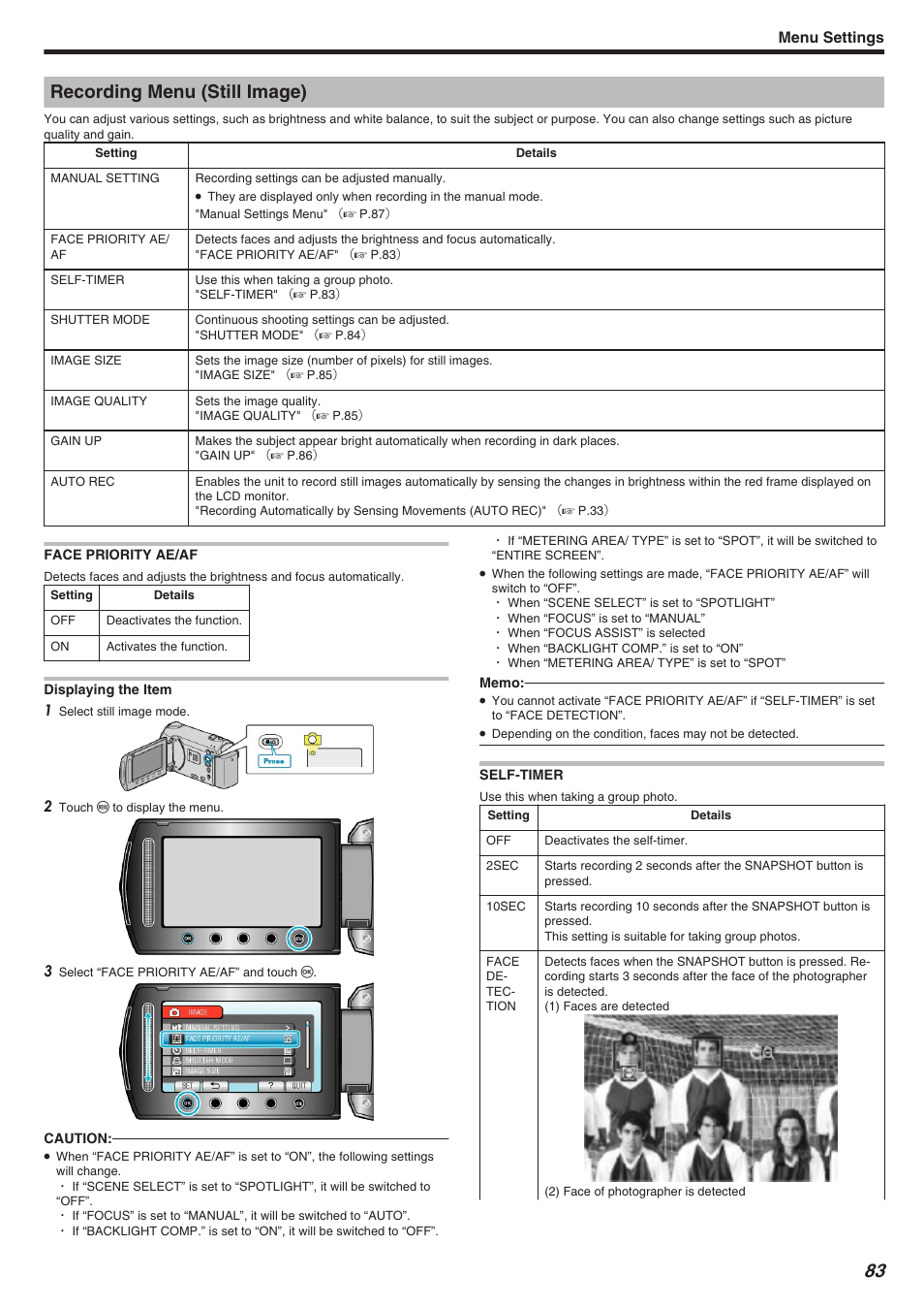 Recording menu (still image), Face priority ae/af, Self-timer | Face priority ae/af self-timer, Face priority ae/af" （a p.83, Menu settings | JVC Everio GZ-HM340 User Manual | Page 83 / 122