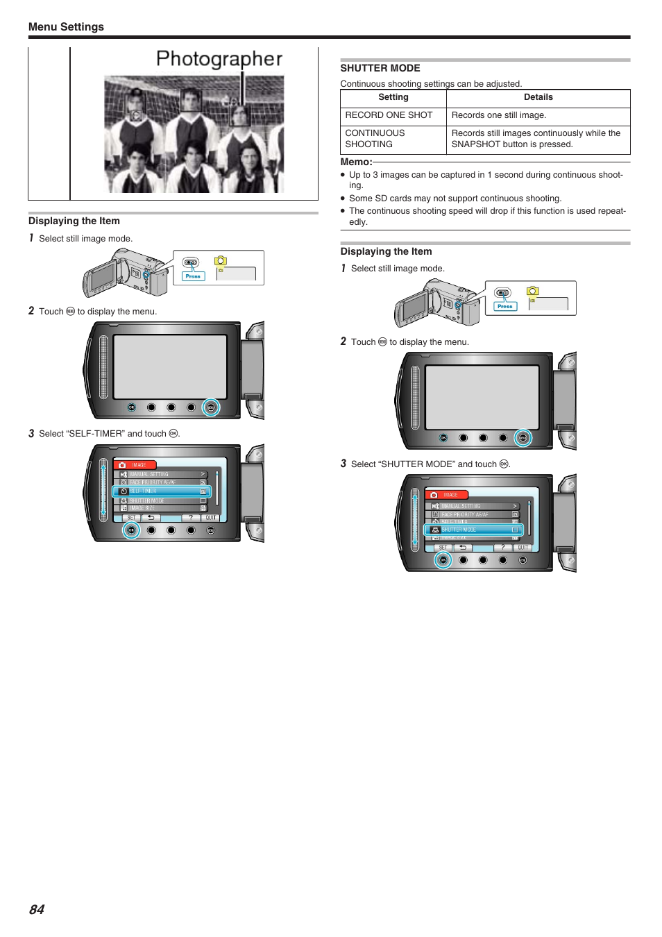 Shutter mode, Shutter mode" （a p.84 | JVC Everio GZ-HM340 User Manual | Page 84 / 122