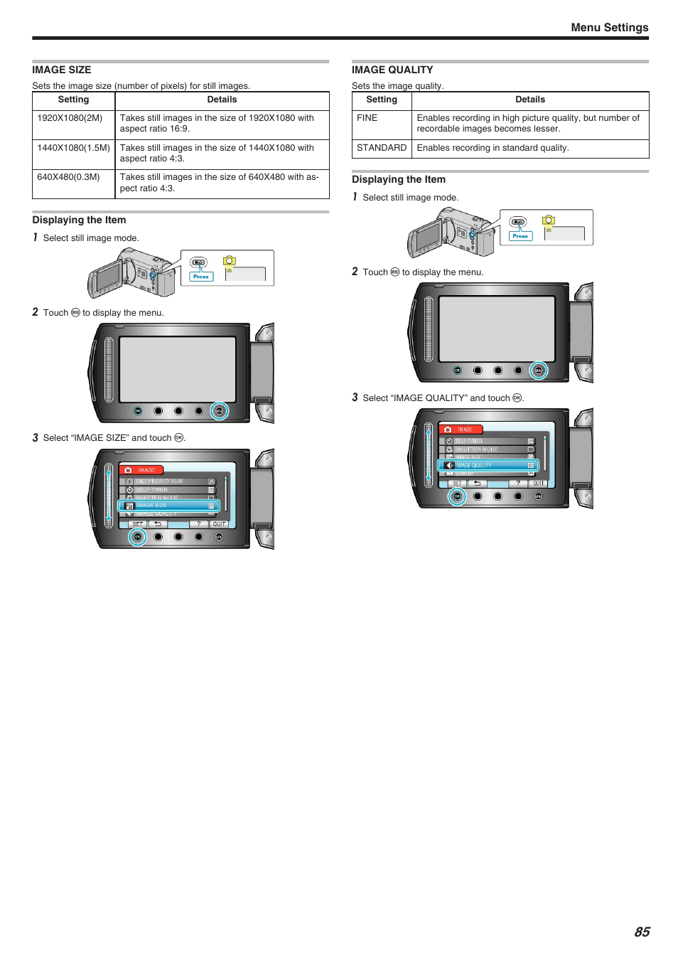 Image size, Image quality, Image size image quality | Image size" （a p.85, Image quality" （a p.85 | JVC Everio GZ-HM340 User Manual | Page 85 / 122