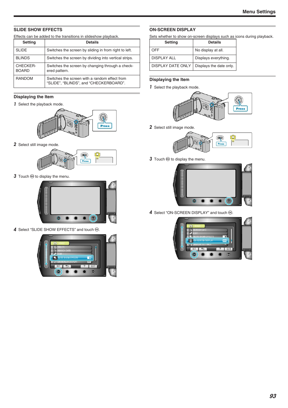 Slide show effects, On-screen display, Slide show effects on-screen display | Slide show effects" （a p.93, On-screen display" （a p.93 | JVC Everio GZ-HM340 User Manual | Page 93 / 122