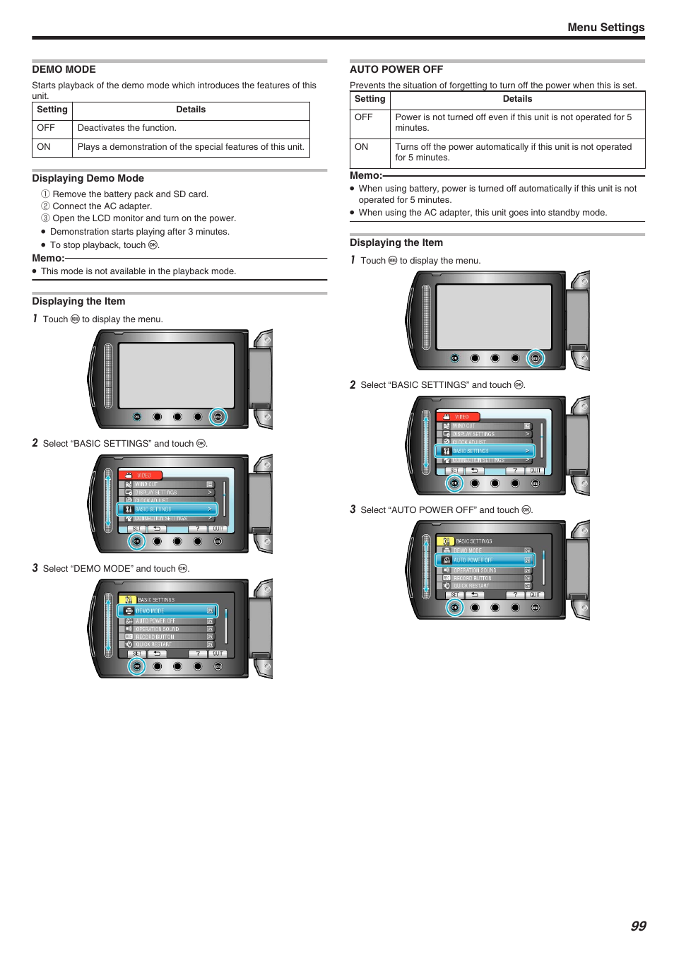 Demo mode, Auto power off, Demo mode auto power off | Auto power off" （a p.99, Demo mode" （a p.99 | JVC Everio GZ-HM340 User Manual | Page 99 / 122