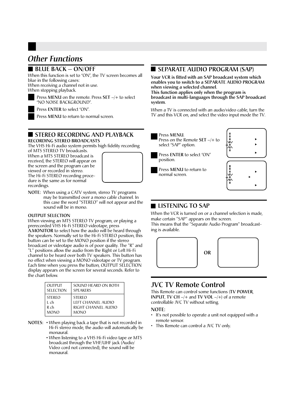 Other functions, Jvc tv remote control, Blue back — on/off | 12 3 separate audio program (sap), Listening to sap, Stereo recording and playback | JVC HR-A590U User Manual | Page 11 / 16