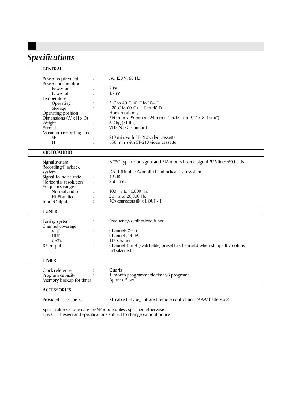 Specifications | JVC HR-A590U User Manual | Page 14 / 16