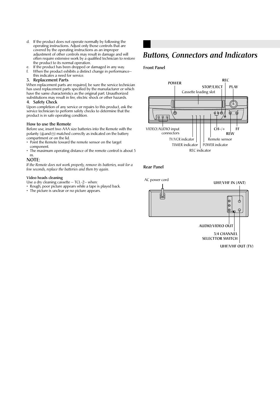 Buttons, connectors and indicators, Replacement parts, Safety check | How to use the remote, Front panel, Rear panel | JVC HR-A590U User Manual | Page 3 / 16