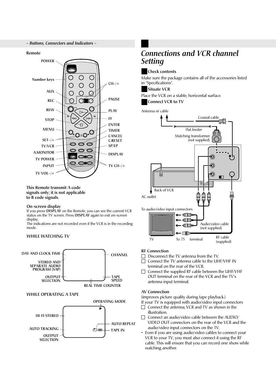 Connections and vcr channel setting, Remote, On-screen display | While operating a tape while watching tv, Buttons, connectors and indicators | JVC HR-A590U User Manual | Page 4 / 16