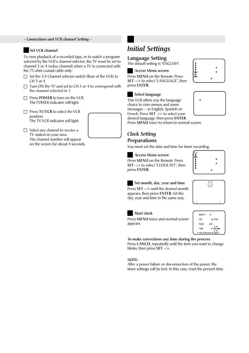 Initial settings, 4language setting, Clock setting | Preparations 1 2 3 | JVC HR-A590U User Manual | Page 5 / 16