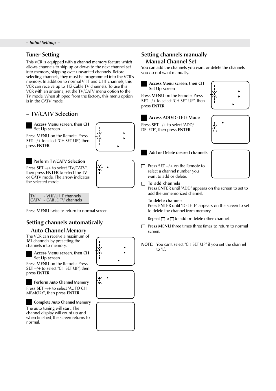 Tv/catv selection, Tuner setting, Setting channels manually – manual channel set | JVC HR-A590U User Manual | Page 6 / 16