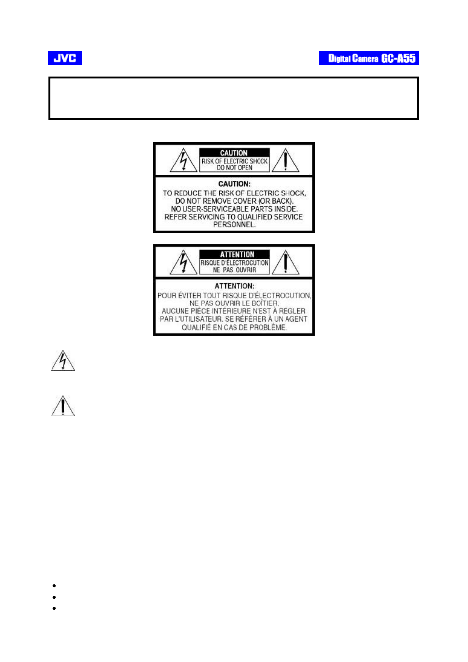 Warning, Safety precautions, Cautions | JVC GC-A55 User Manual | Page 5 / 38