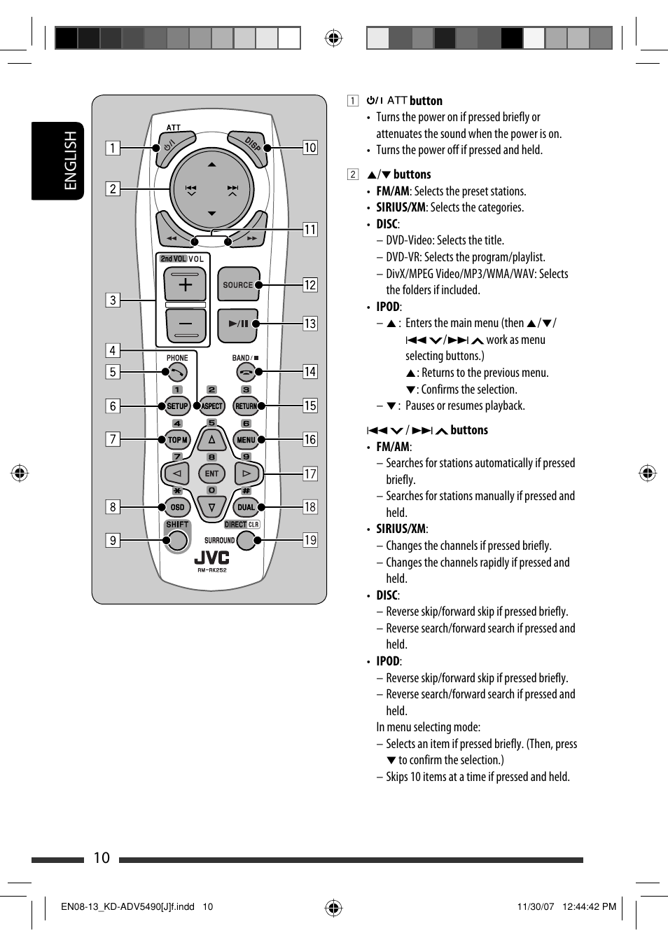 English 10 | JVC KD-DV5400 User Manual | Page 10 / 129