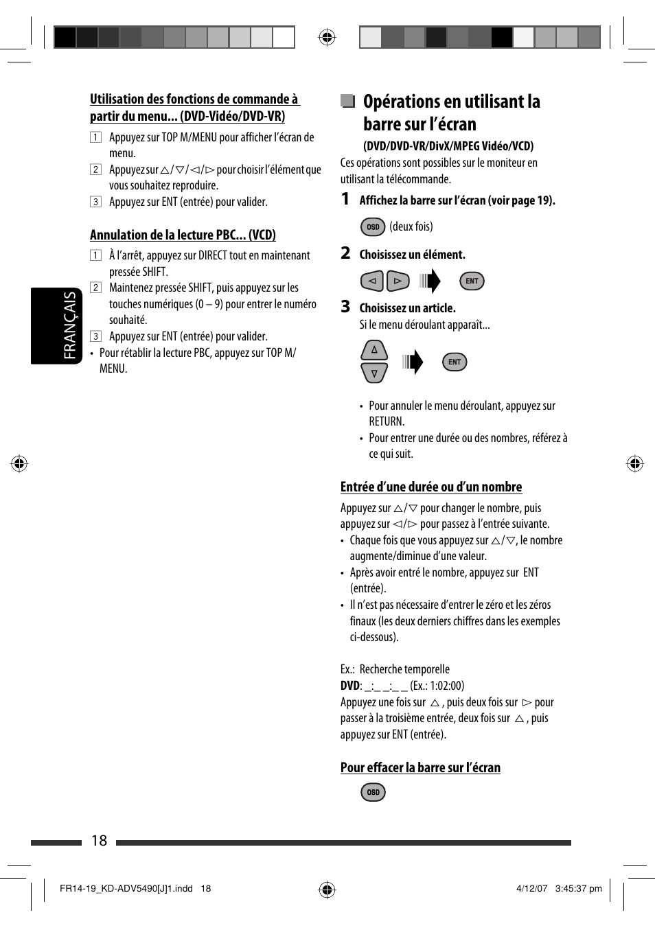 Opérations en utilisant la barre sur l’écran, Français 18 | JVC KD-DV5400 User Manual | Page 102 / 129