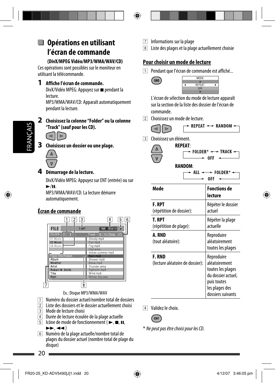 Opérations en utilisant l’écran de commande, Français 20 | JVC KD-DV5400 User Manual | Page 104 / 129